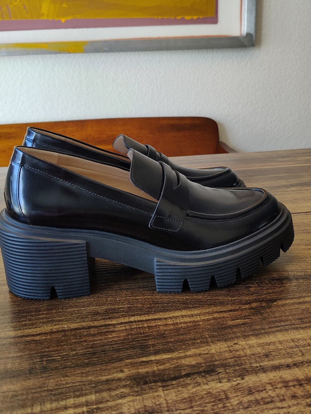 Stuart Weitzman Hudson Lite Shoes  Womens 9 B Black Leather Lug Platform Loafers